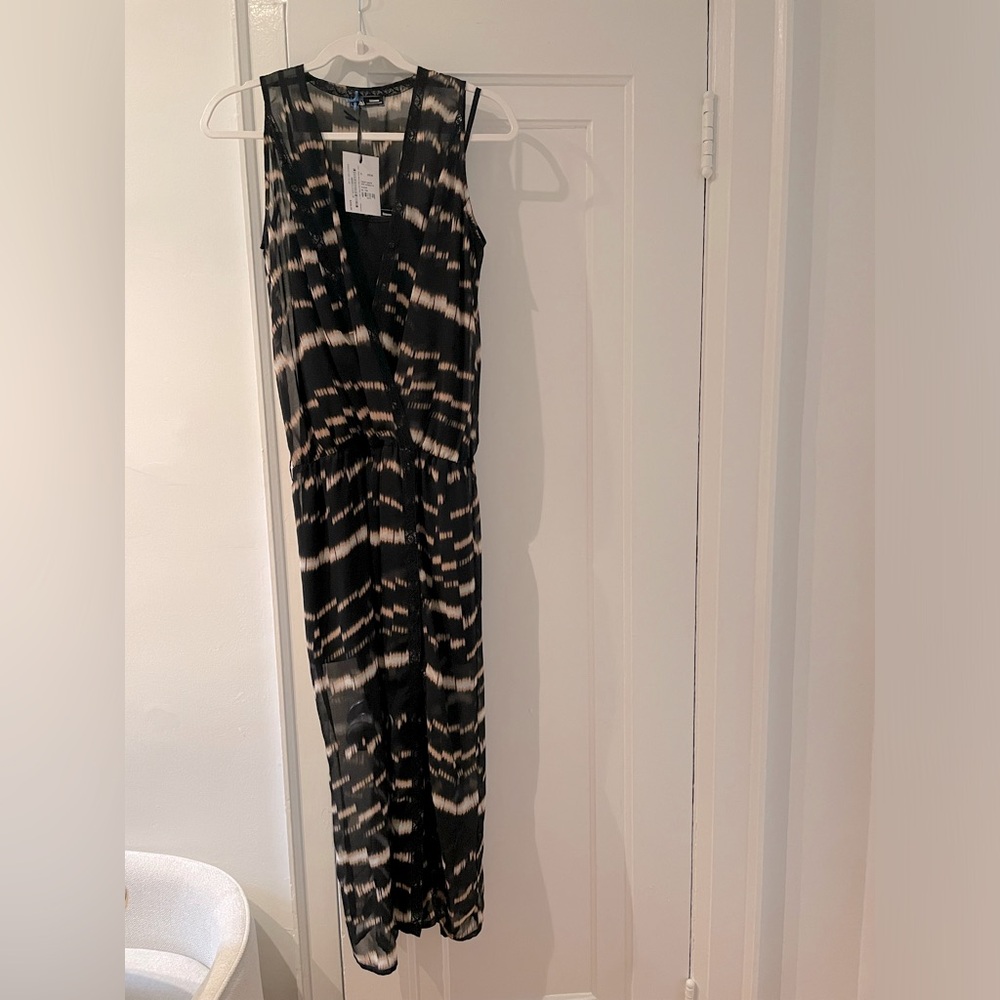 NWT Sinequanone dress, black/taupe drop waist, lace, sheer, slip dress with slit